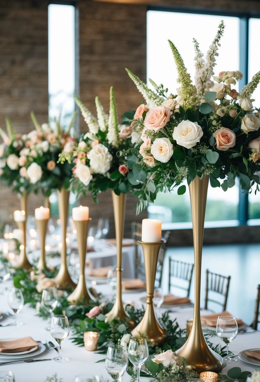 Floral pieces of varying heights create a stunning wedding table display