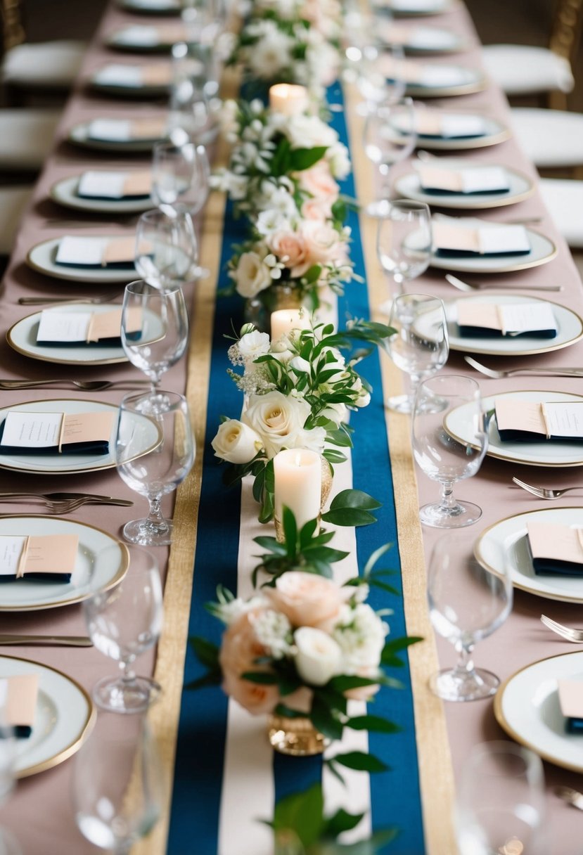 A long table with a striped and floral blend runner, adorned with elegant wedding decorations and place settings