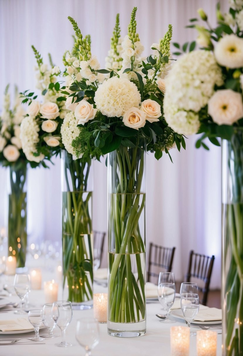 Tall vases filled with light-hued blooms stand as elegant wedding table decorations