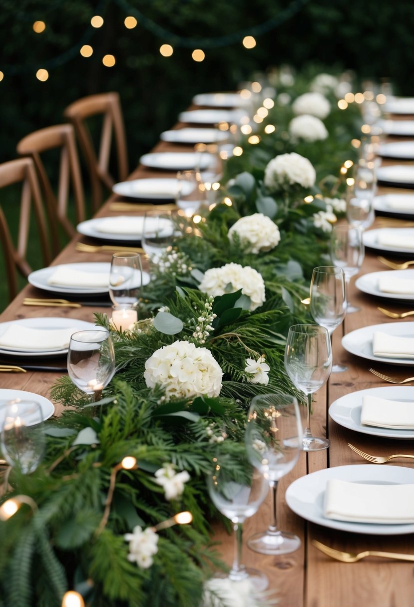 A long greenery garland drapes across a wooden wedding table, adorned with delicate white flowers and interspersed with twinkling fairy lights