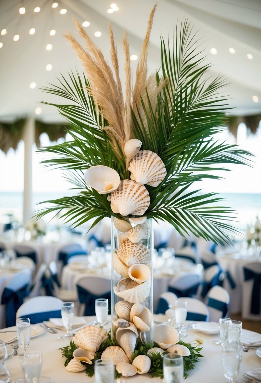 A tall centerpiece of beachy fronds and shells, styled for a wedding table decoration