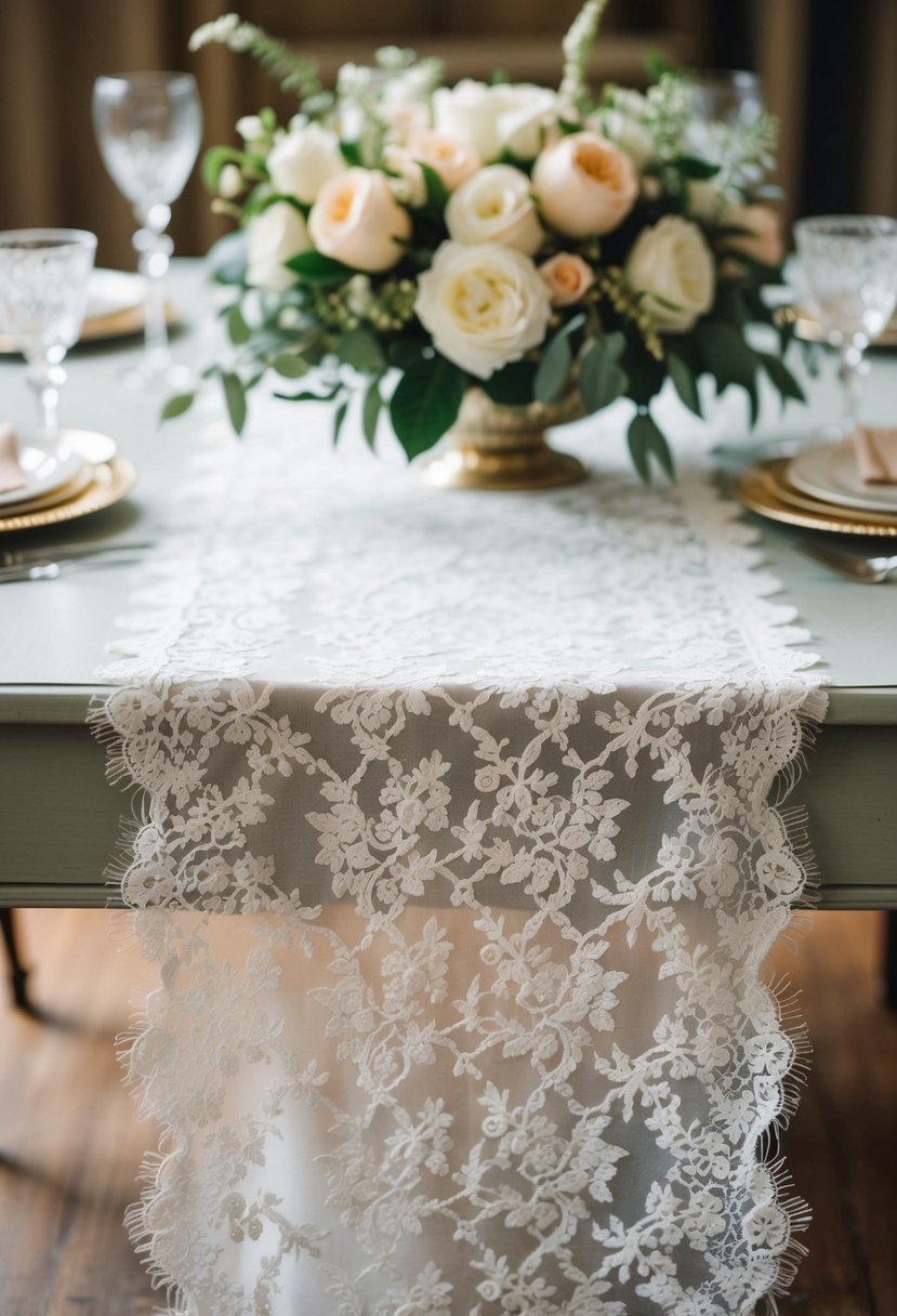 A lace overlay runner drapes elegantly over a vintage wedding table, adding a touch of romantic charm to the decor