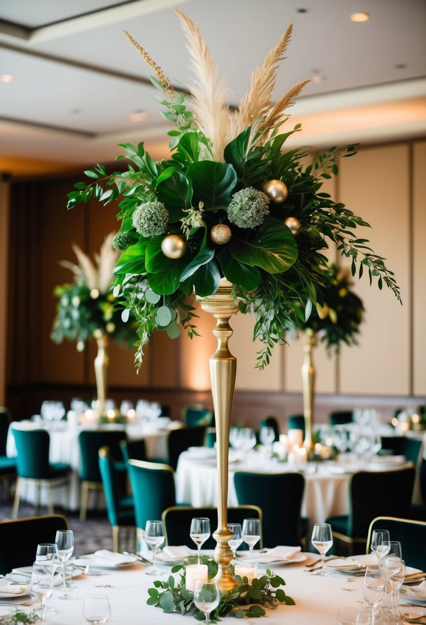 Lush green foliage with elegant gold accents adorning a tall wedding table centerpiece