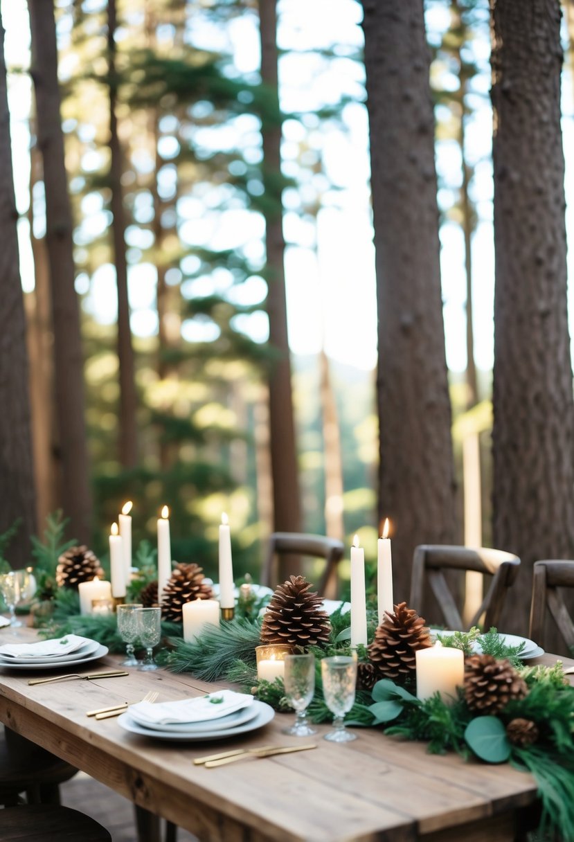 A rustic wooden table adorned with greenery, pinecones, and candles, set against a backdrop of tall trees and dappled sunlight