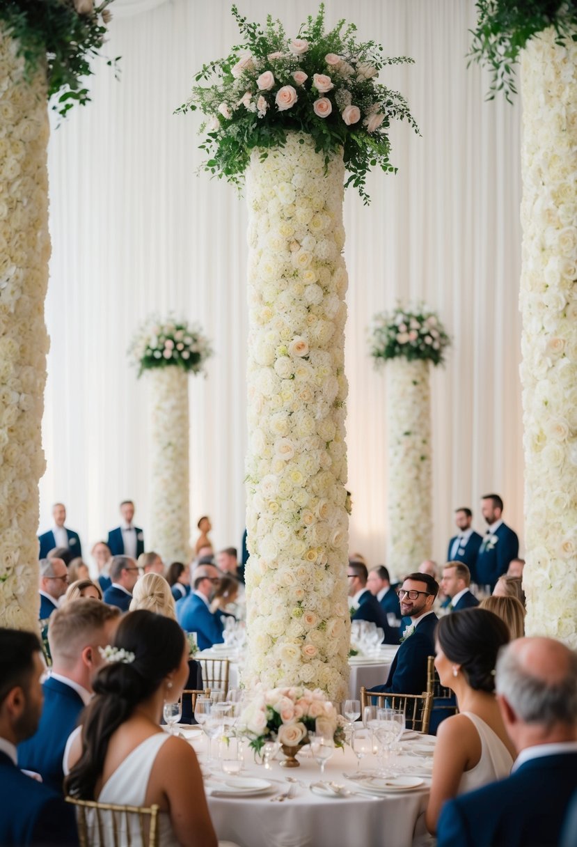 Tall flower columns stand on wedding tables, towering above the guests, creating a stunning and elegant atmosphere