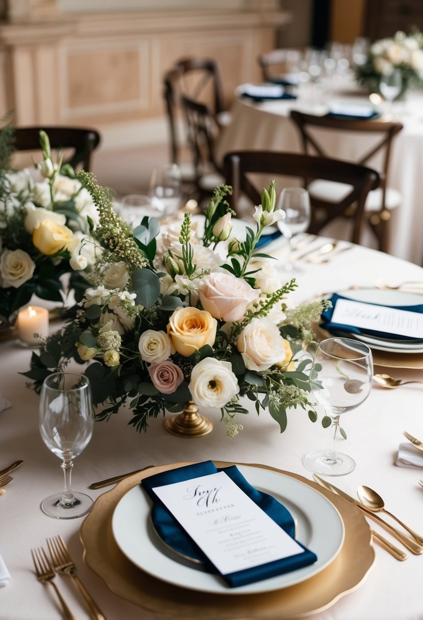 A table adorned with elegant floral centerpieces and unique personalized place settings for a bespoke wedding celebration