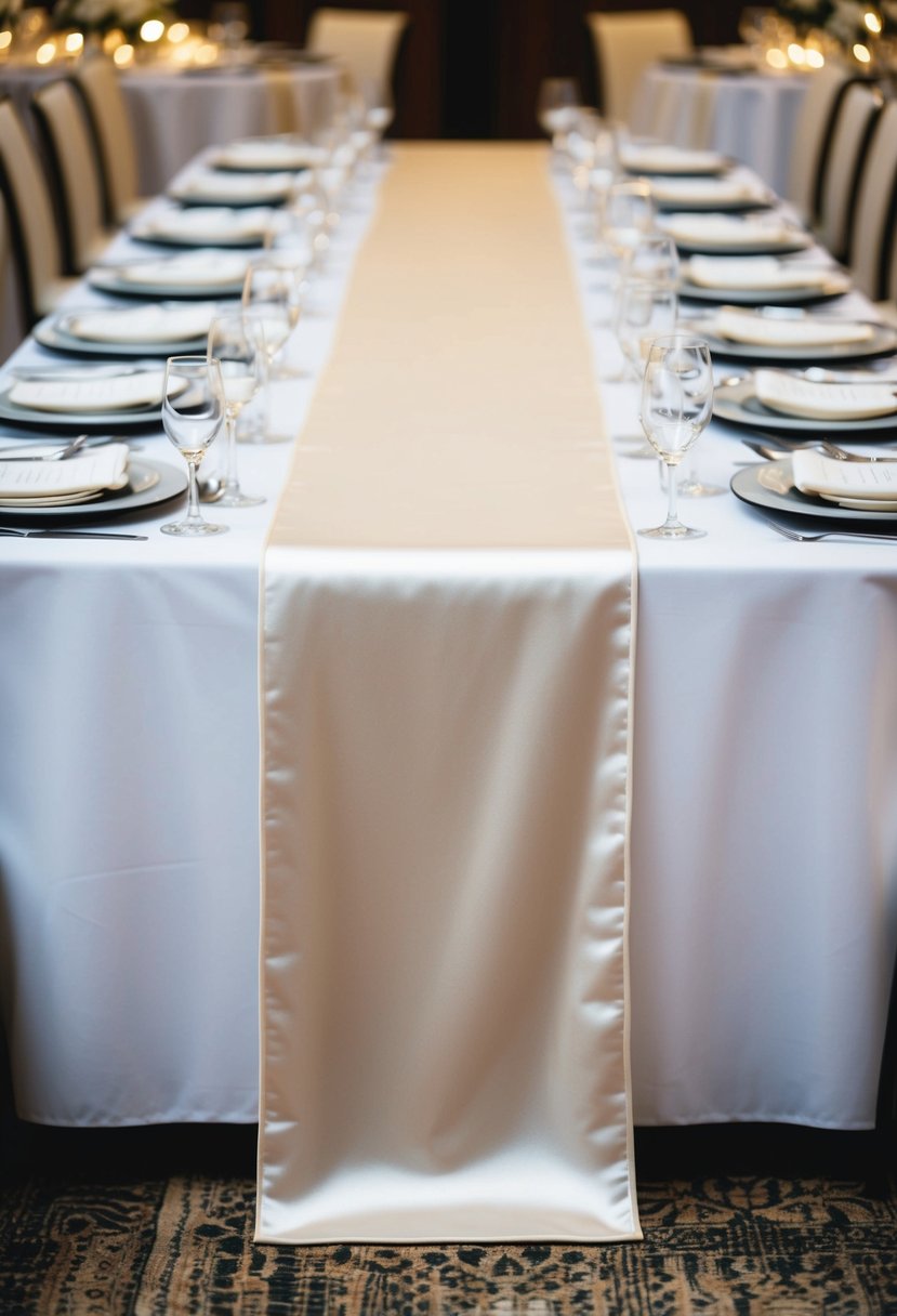 A long, sleek satin table runner in a soft, elegant finish drapes across a beautifully set wedding table, adding a touch of sophistication to the decor