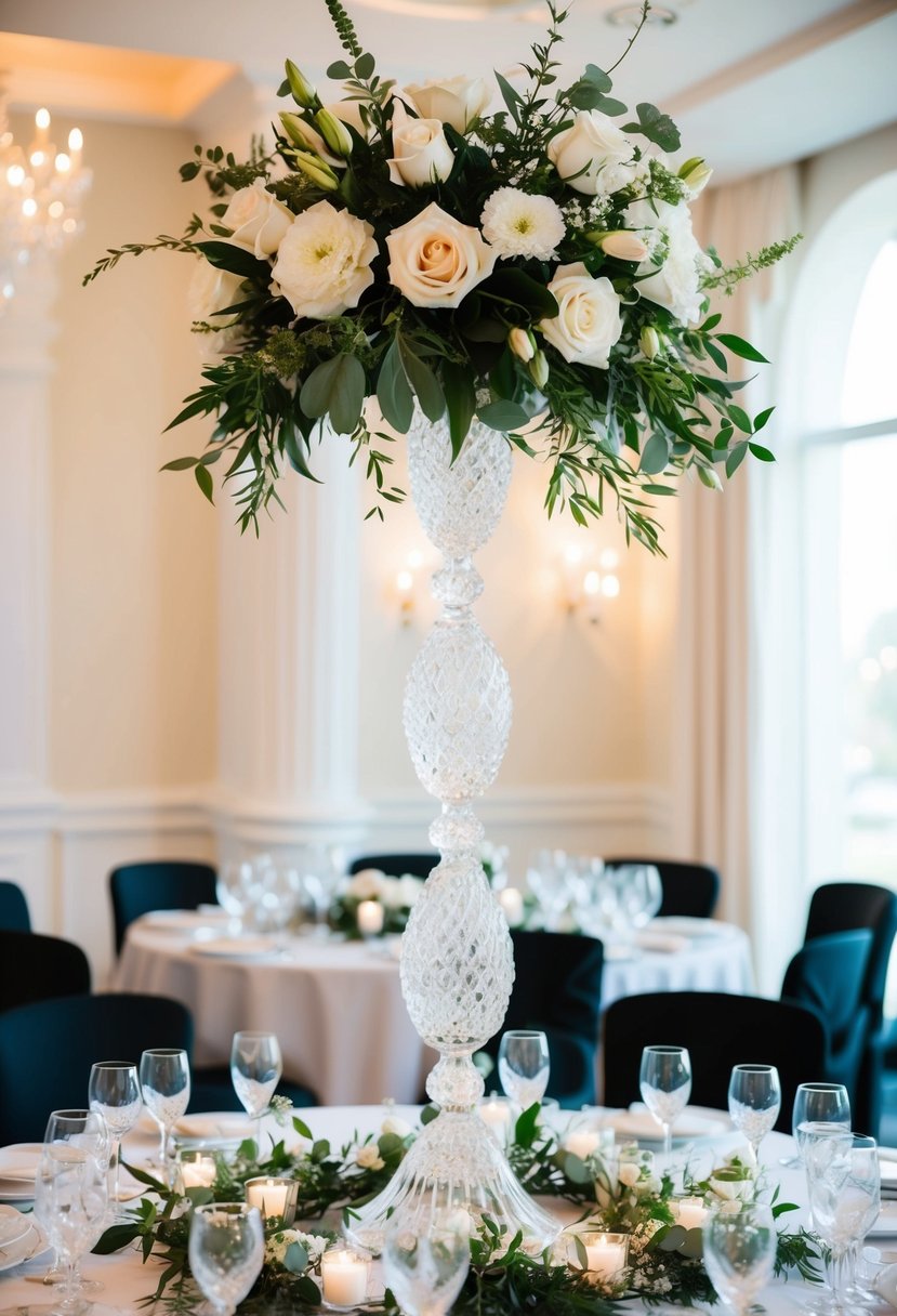 A tall crystal wedding flower stand adorned with elegant flowers and greenery, creating a stunning table decoration for a wedding celebration