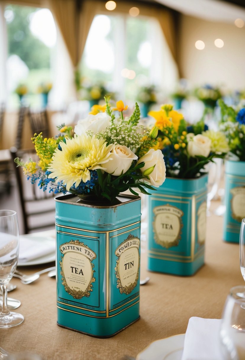 Vintage tea tins repurposed as floral vases adorn wedding tables, adding a touch of nostalgia and charm to the decor