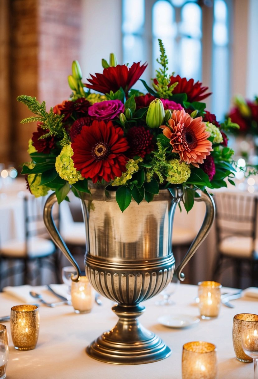 A metal vase filled with jewel-toned flowers stands as a tall wedding table decoration