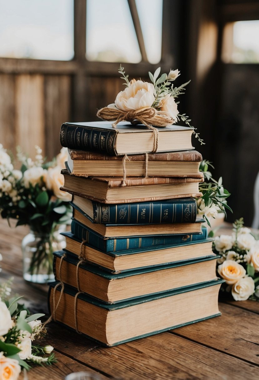 A rustic wooden table adorned with stacks of antique books, tied with twine and accented with delicate floral arrangements