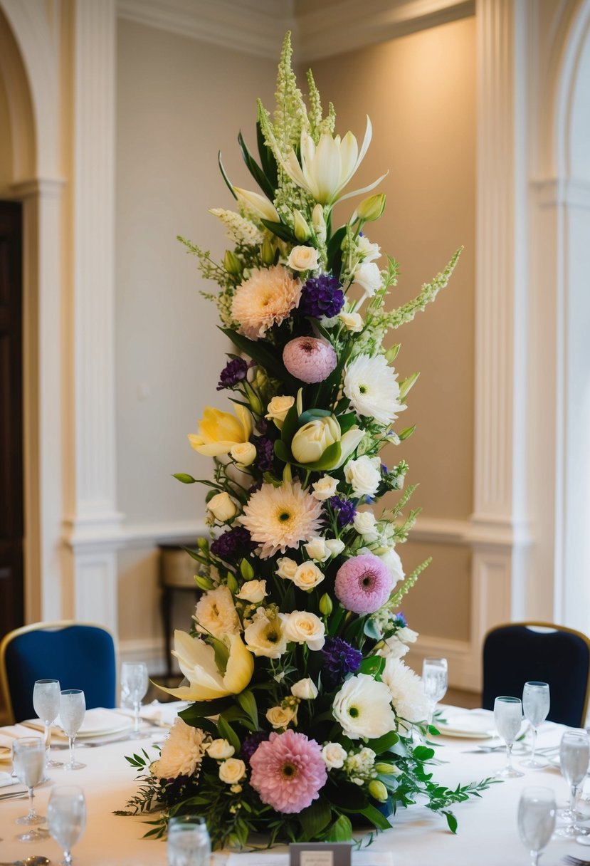 A tall, handmade floral display with unique blooms adorns a wedding table, creating a stunning centerpiece