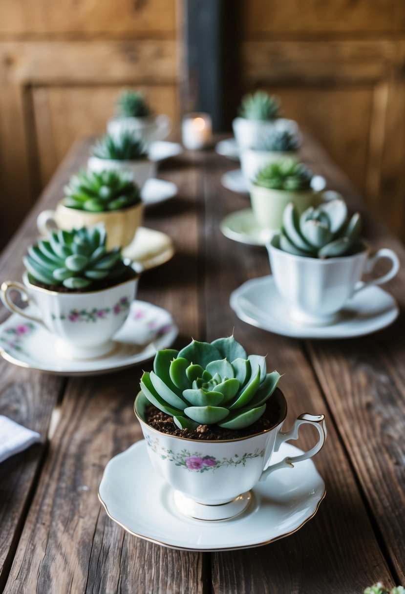 Succulents arranged in mismatched teacups on a rustic wooden table for bespoke wedding decor