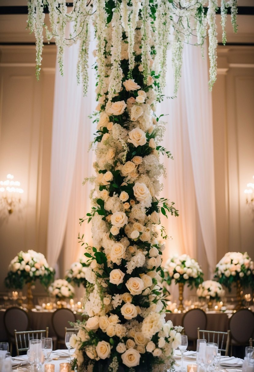 A towering, ornate wedding table centerpiece reaches towards the ceiling, adorned with cascading flowers and intricate details