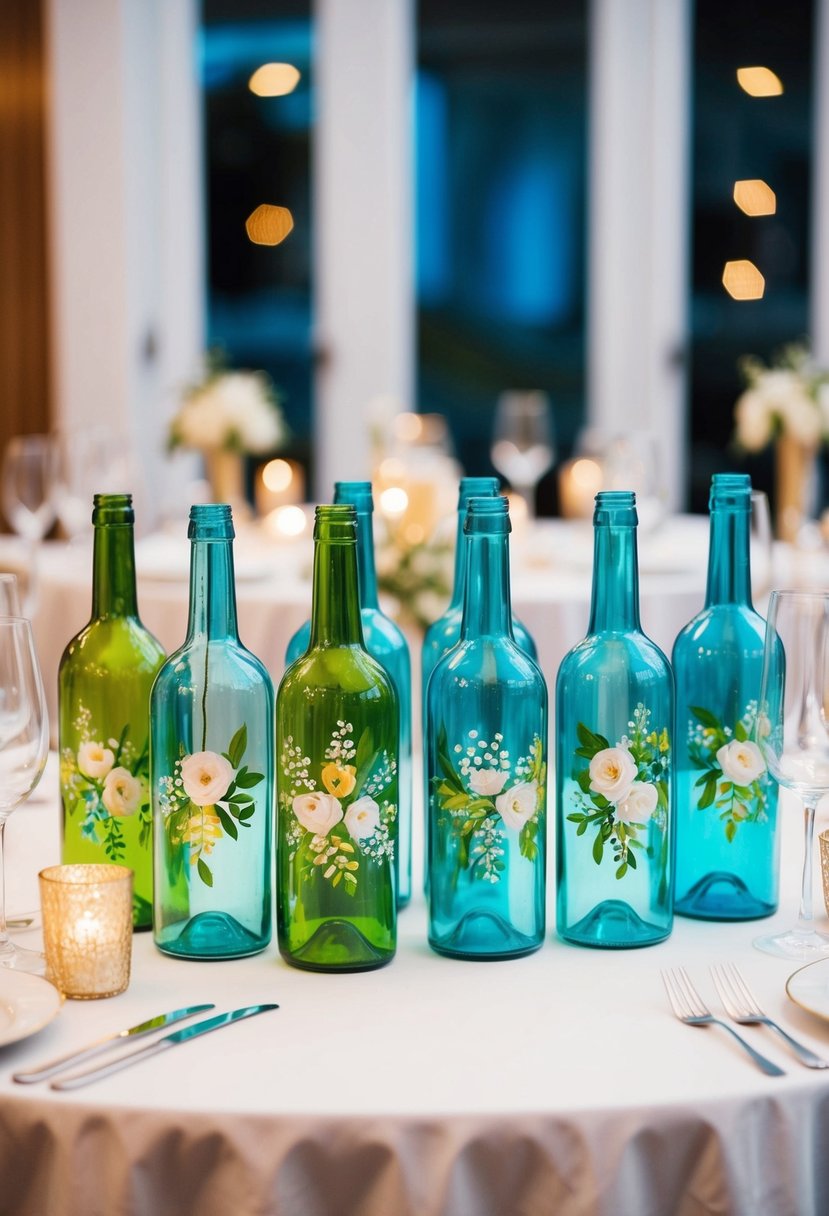 Hand-painted glass bottles arranged as wedding table decor