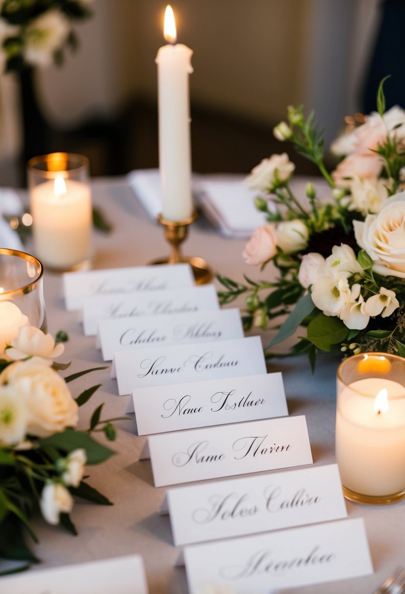 Elegant name cards arranged on a table with delicate calligraphy, surrounded by floral centerpieces and soft candlelight