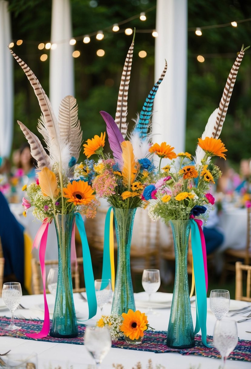 Bohemian-themed centerpieces featuring tall vases filled with wildflowers, feathers, and draped with colorful ribbons