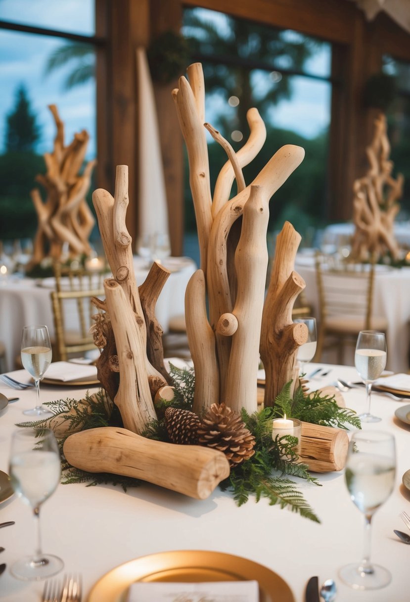 Driftwood sculptures arranged on wedding tables with natural elements