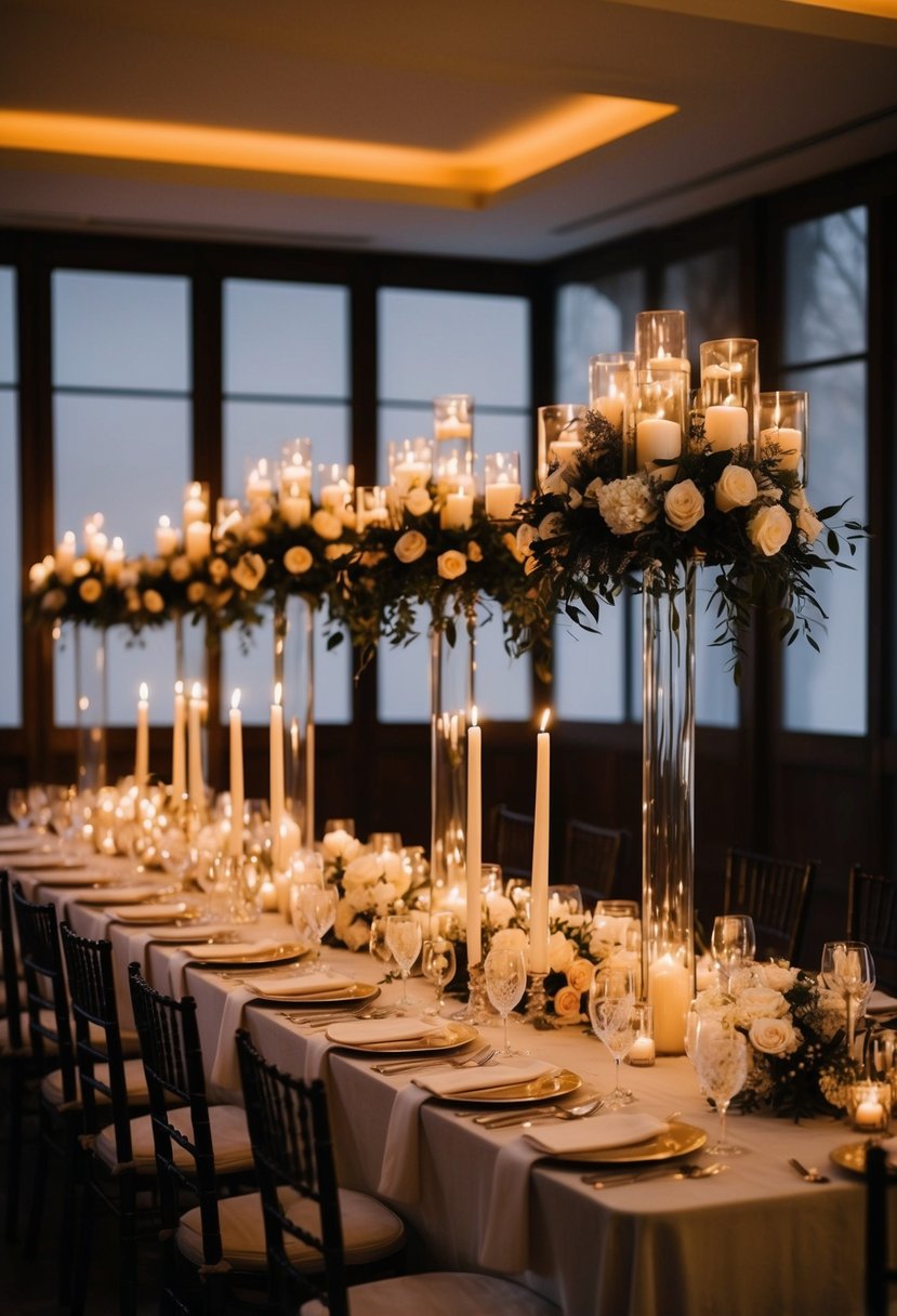 Tall candlelit arrangements adorn a romantic wedding table, casting a warm glow in the dimly lit room