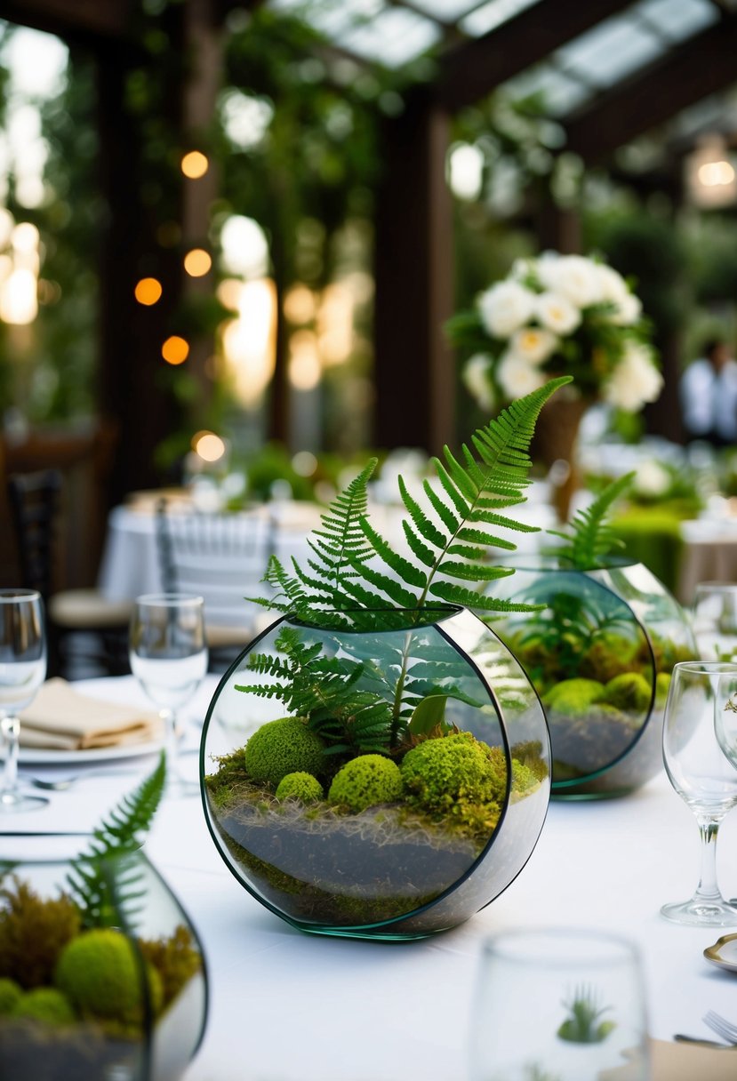 Lush terrariums with ferns and moss adorn wedding tables