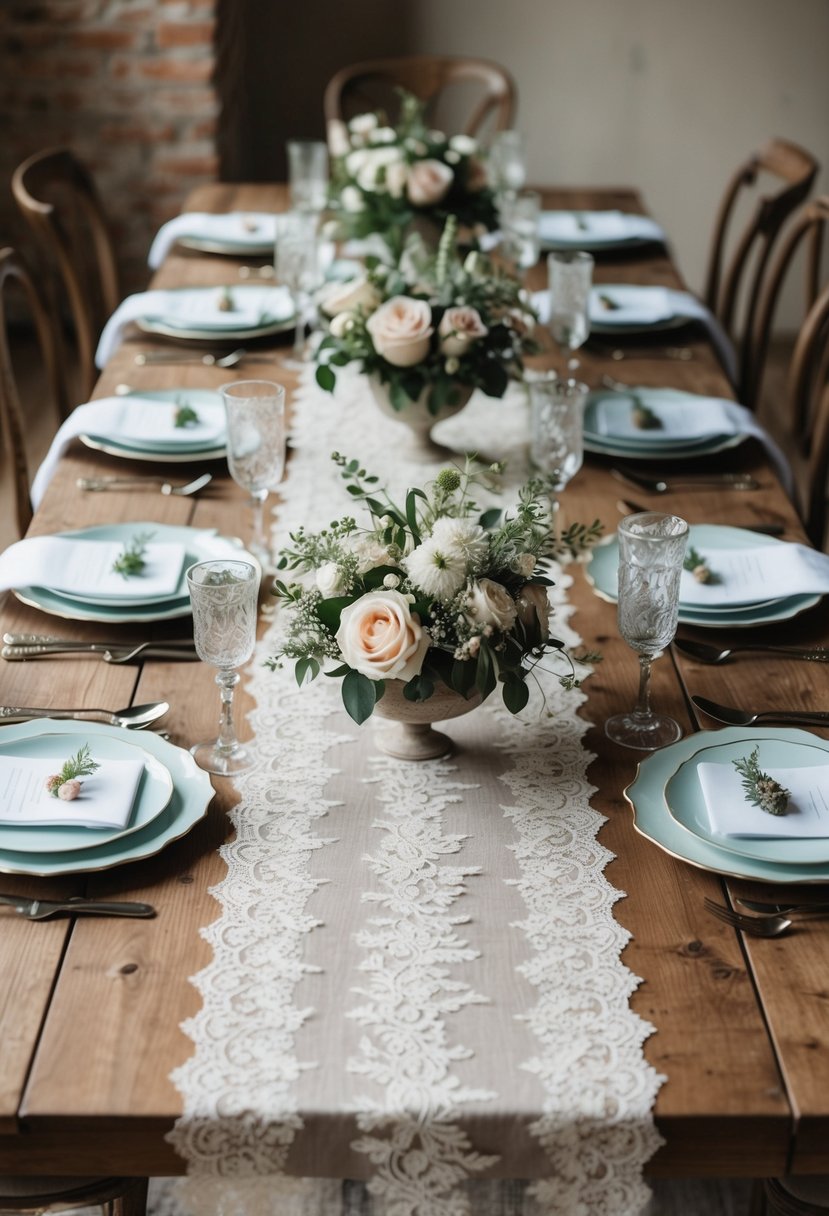 A rustic wooden table adorned with vintage lace runners, set with elegant tableware and floral centerpieces for a bespoke wedding celebration