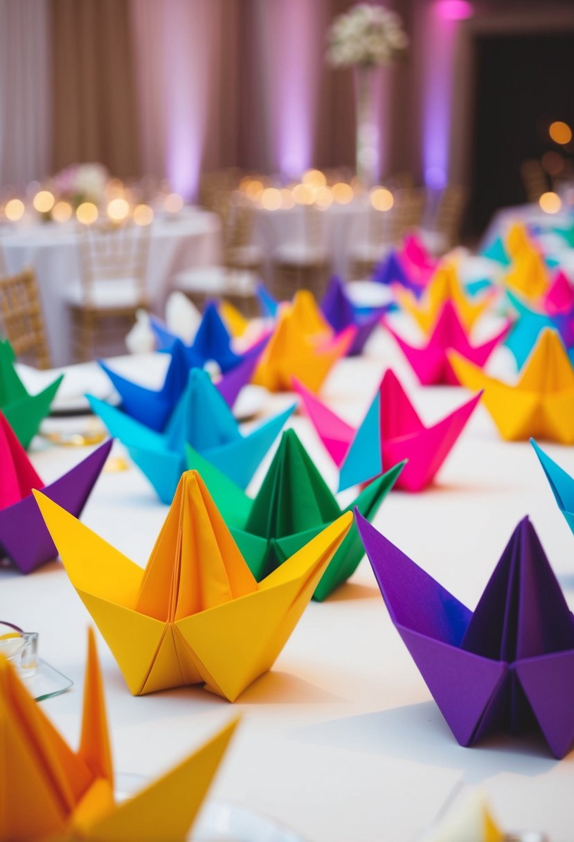 Colorful origami creations adorn tables at a wedding reception, adding a unique and personalized touch to the decor