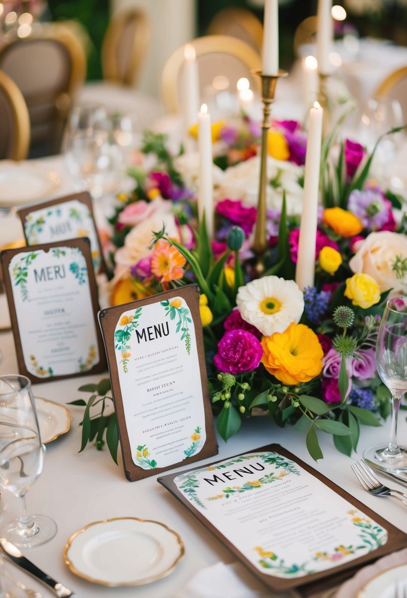 A whimsical array of illustrated menus arranged amidst colorful floral centerpieces and elegant table settings, creating a playful and bespoke vibe for a wedding celebration