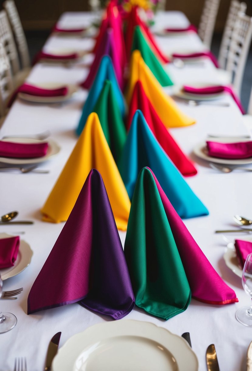 Colorful fabric napkins arranged on wedding tables, adding a vibrant touch to the decor