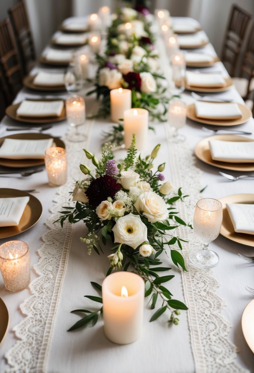 A long white table runner adorned with delicate lace and scattered with fresh flowers and candles