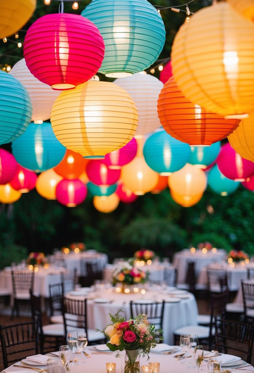 Colorful paper lanterns hang above elegantly set wedding tables