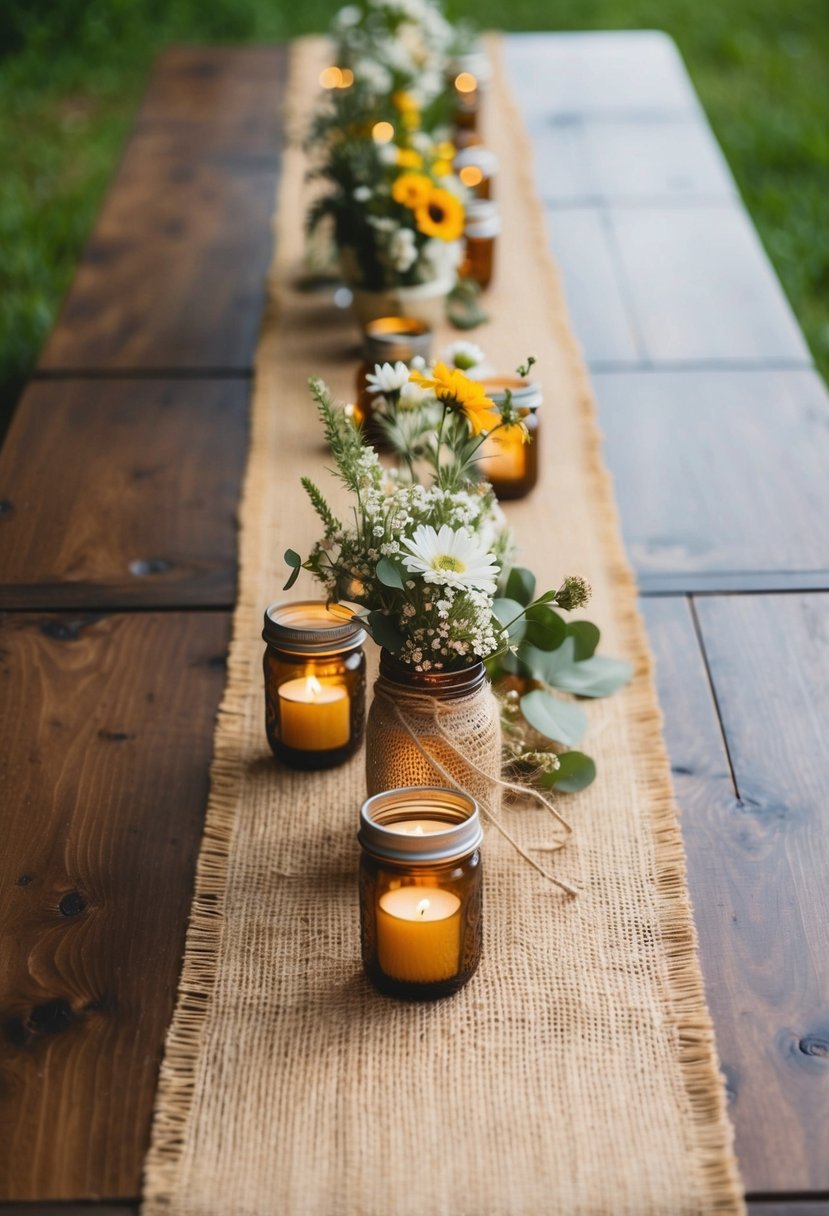 A burlap table runner lies across a wooden table, adorned with rustic wedding decorations such as mason jars, wildflowers, and tea lights