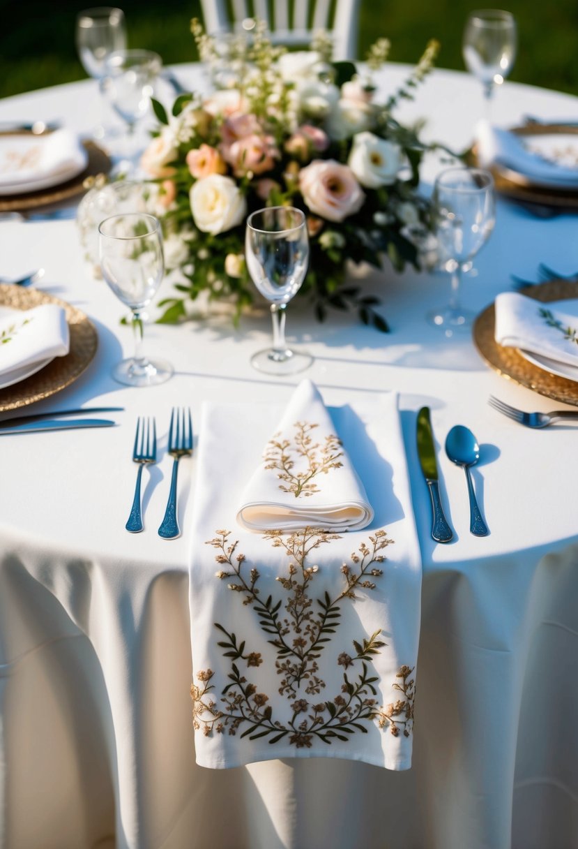 A table set with embroidered tablecloths and napkins, adorned with delicate floral designs and intricate patterns, creating an elegant and personalized wedding decoration