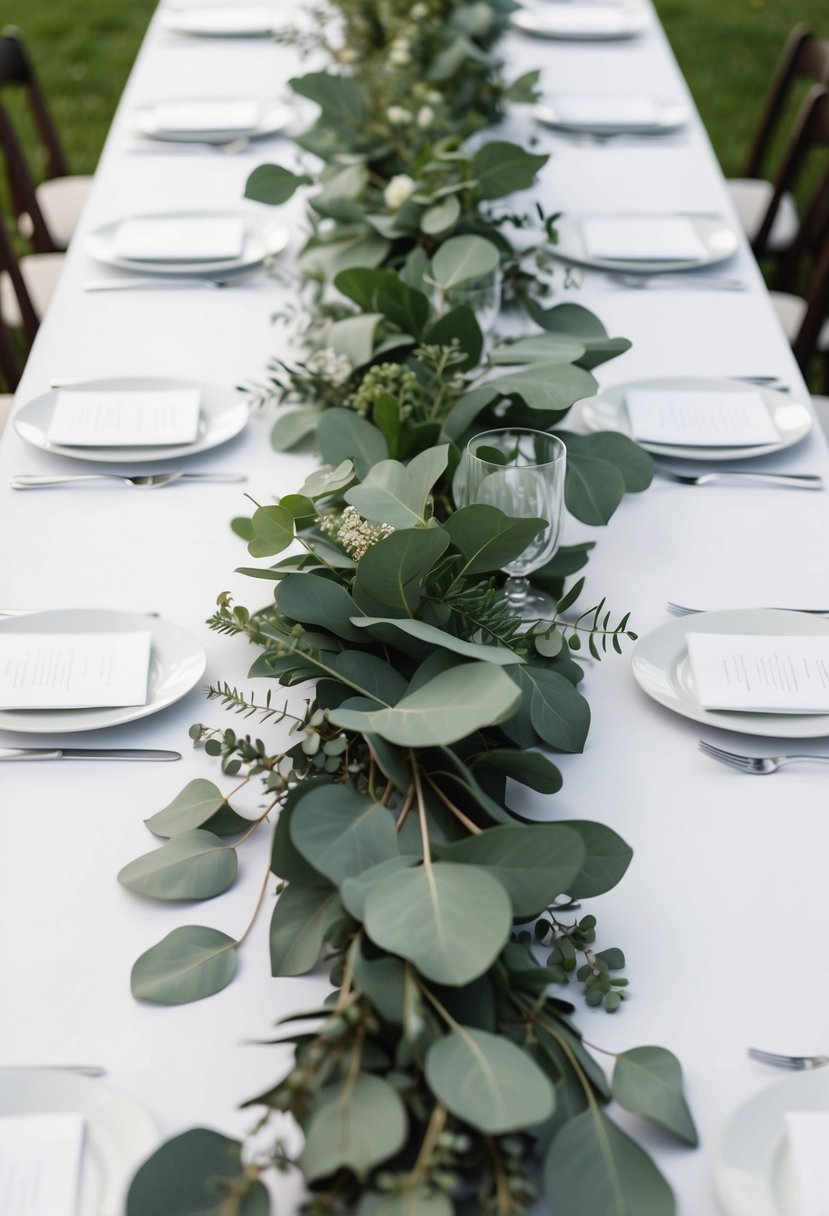 A white table with a long, flowing table runner made of fresh eucalyptus leaves and other greenery, creating an elegant and natural wedding centerpiece