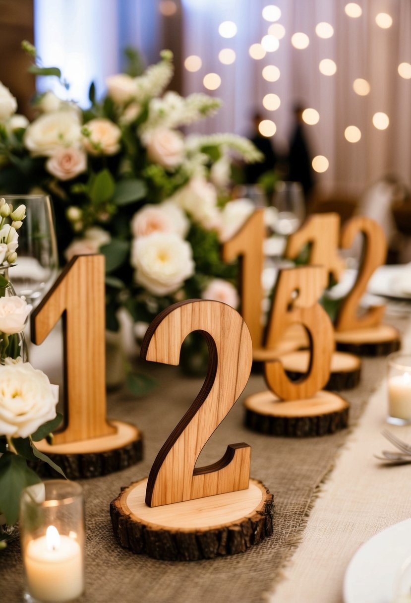 A set of custom wooden table numbers arranged on a rustic table with floral decorations for a wedding reception