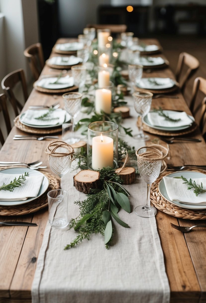 A rustic table adorned with a linen table runner featuring natural accents like greenery, twine, and wooden elements