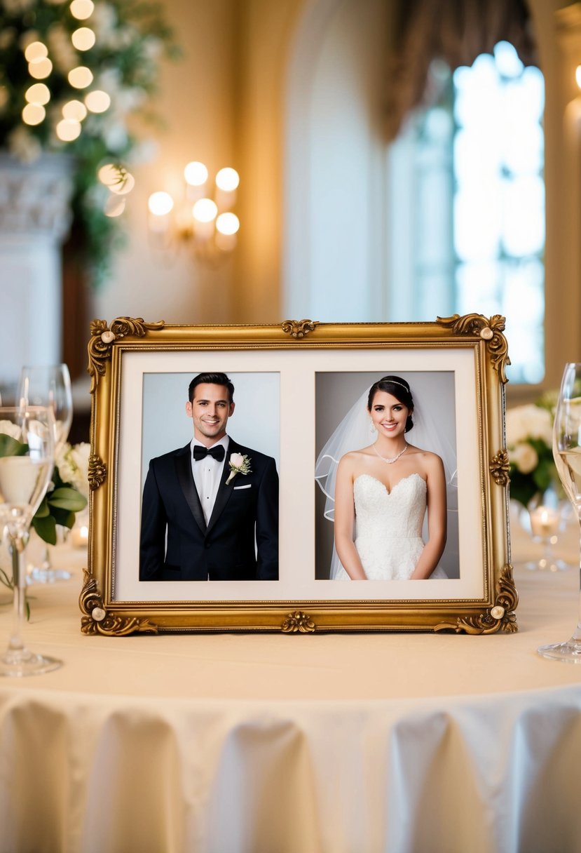 Ornate frames hold photos of bride and groom on elegant wedding table