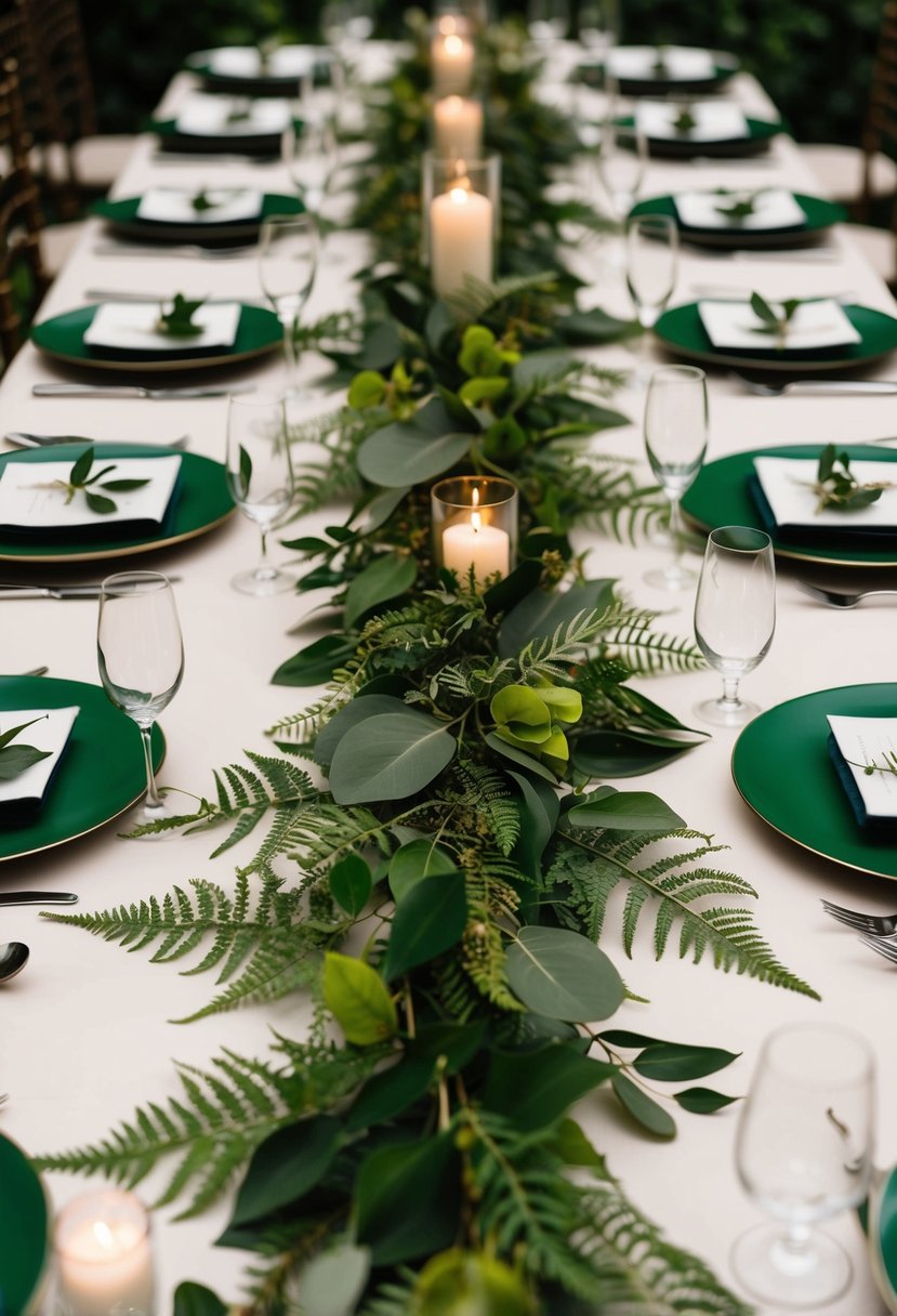 A lush greenery table runner winds down the center of a wedding table, adorned with vibrant leaves and delicate ferns