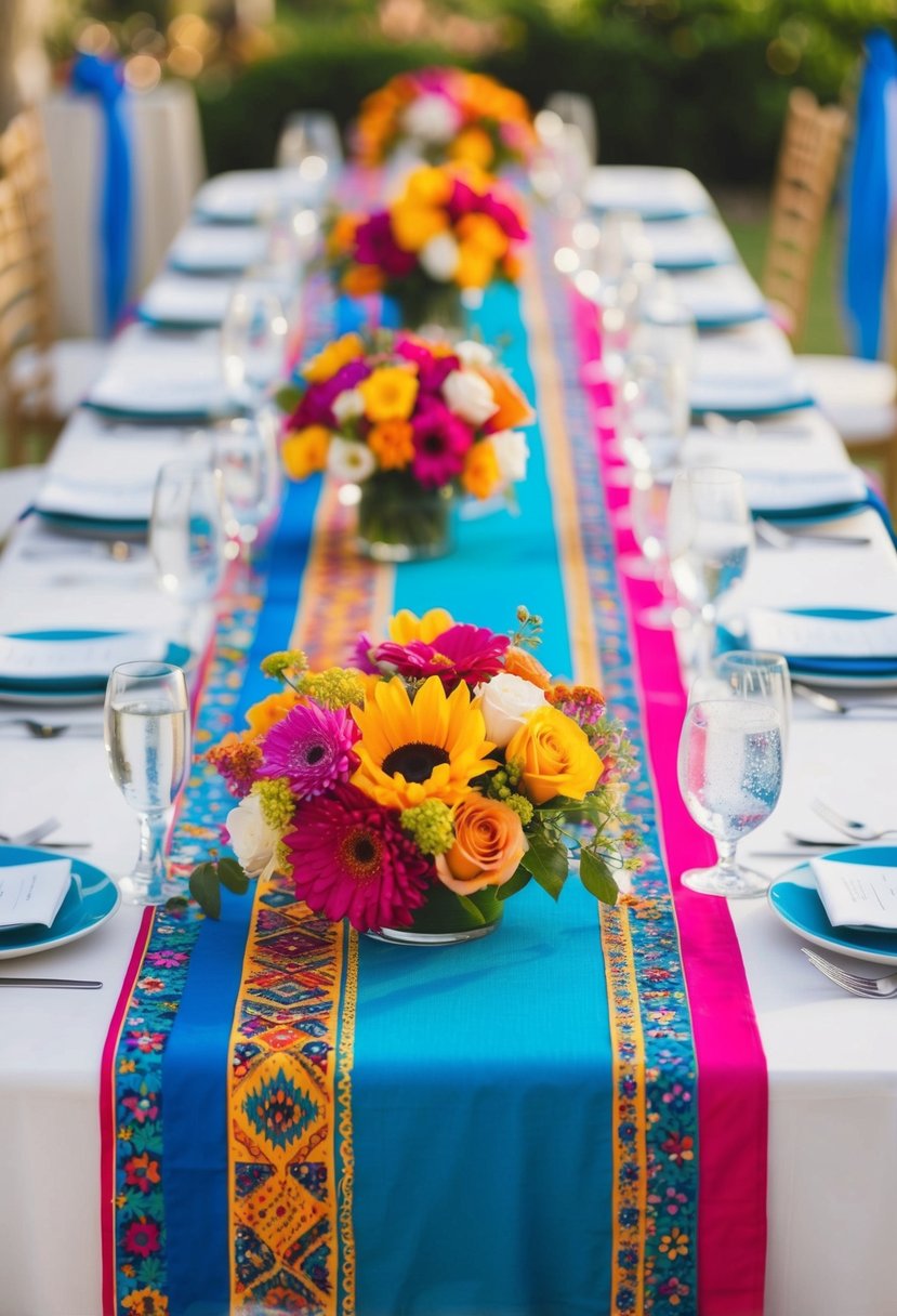 A vibrant table runner with colorful patterns adorns a wedding reception table, adding a lively and festive touch to the decor