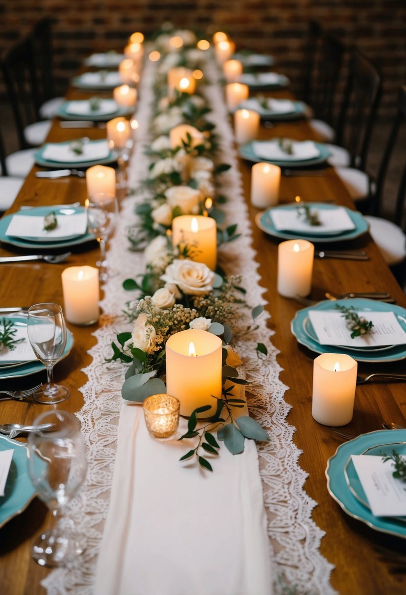 A long, flowing table runner adorned with delicate lace and floral arrangements, illuminated by the warm glow of candlelight