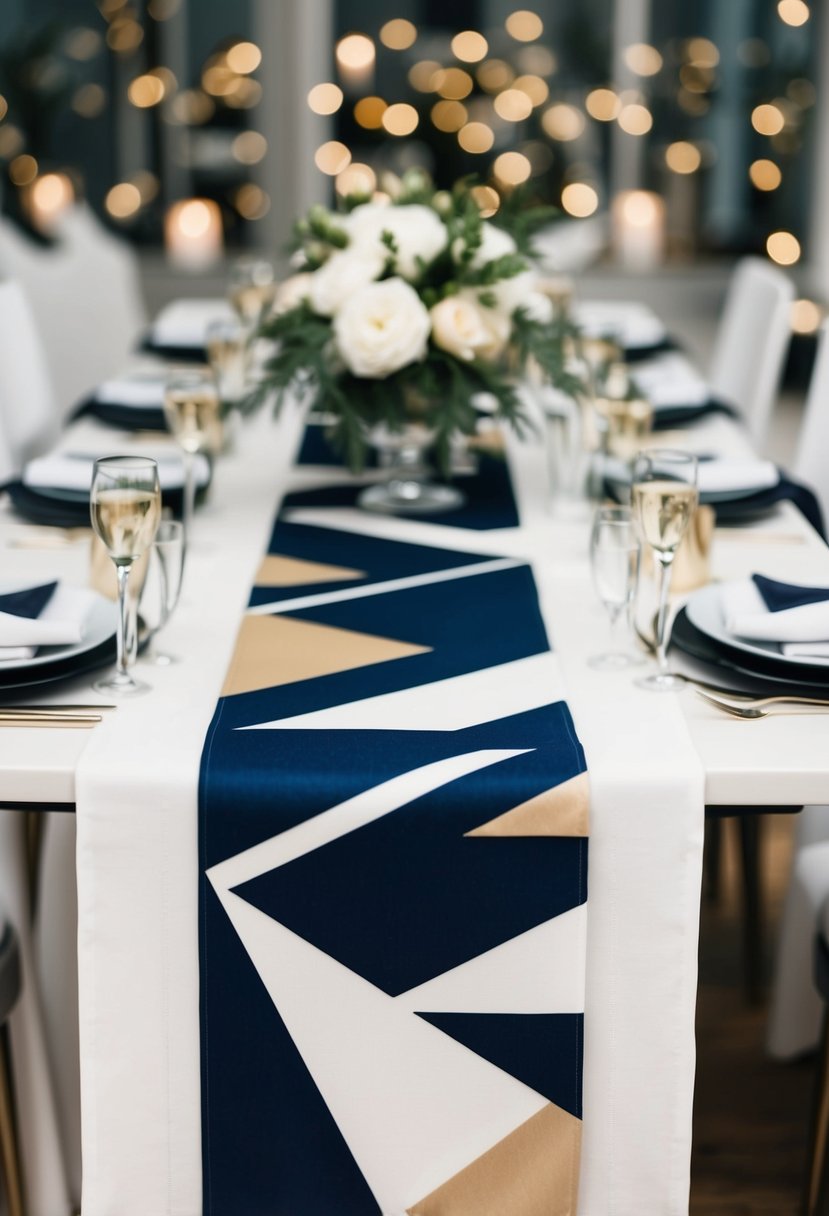 A sleek table runner with bold geometric patterns sits atop a modern wedding table, adding a touch of contemporary elegance to the decor