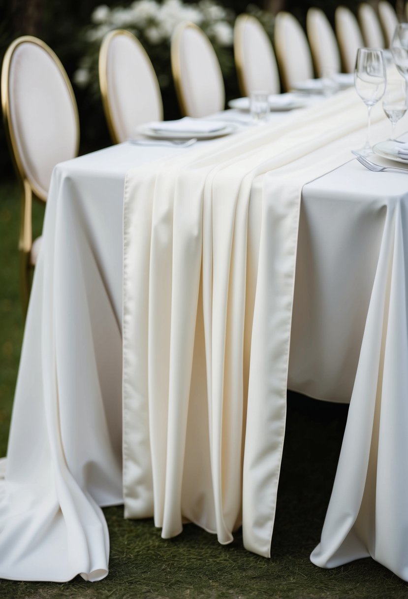 A long, flowing table runner drapes elegantly over a wedding table, adding a touch of sophistication and beauty to the decor