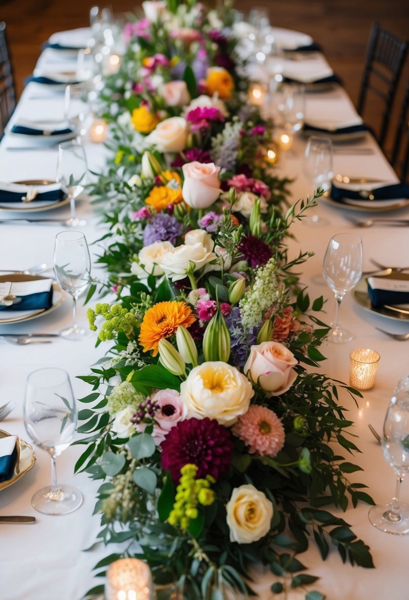 A long table adorned with a floral runner, featuring an array of colorful blooms and greenery arranged in an elegant and romantic display