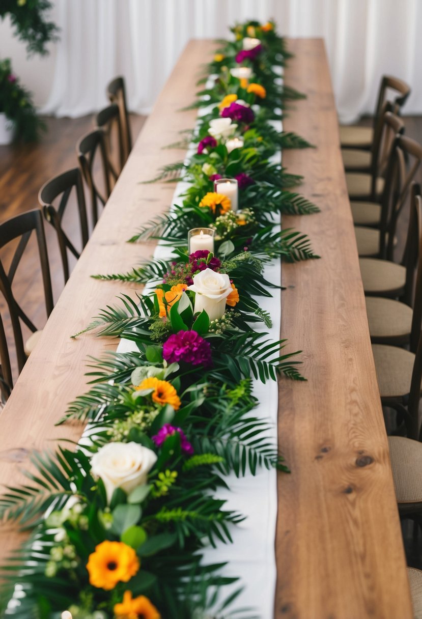 A long, flowing garland drapes across a wooden table, adorned with vibrant flowers and greenery, creating a lush and elegant wedding table decoration