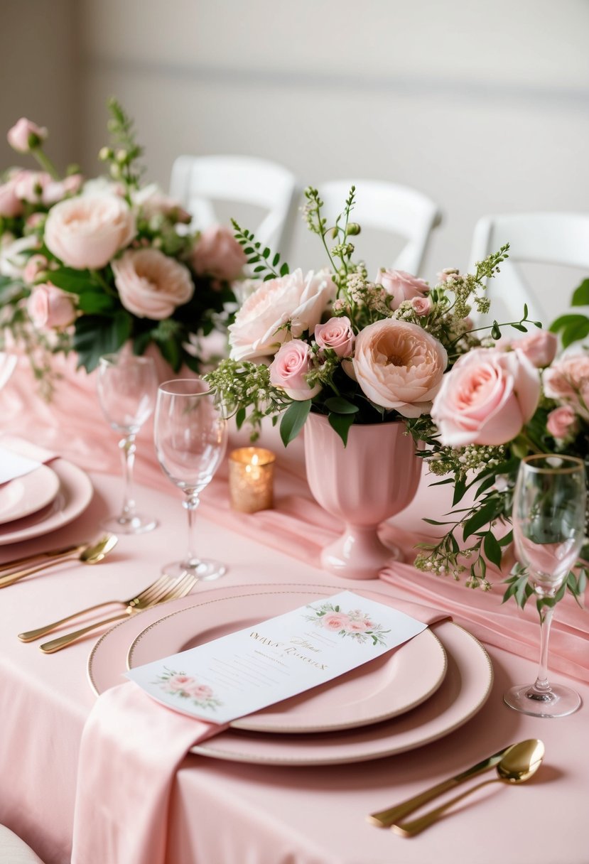 A pink-themed wedding table with floral centerpieces, rose-colored linens, and delicate place settings