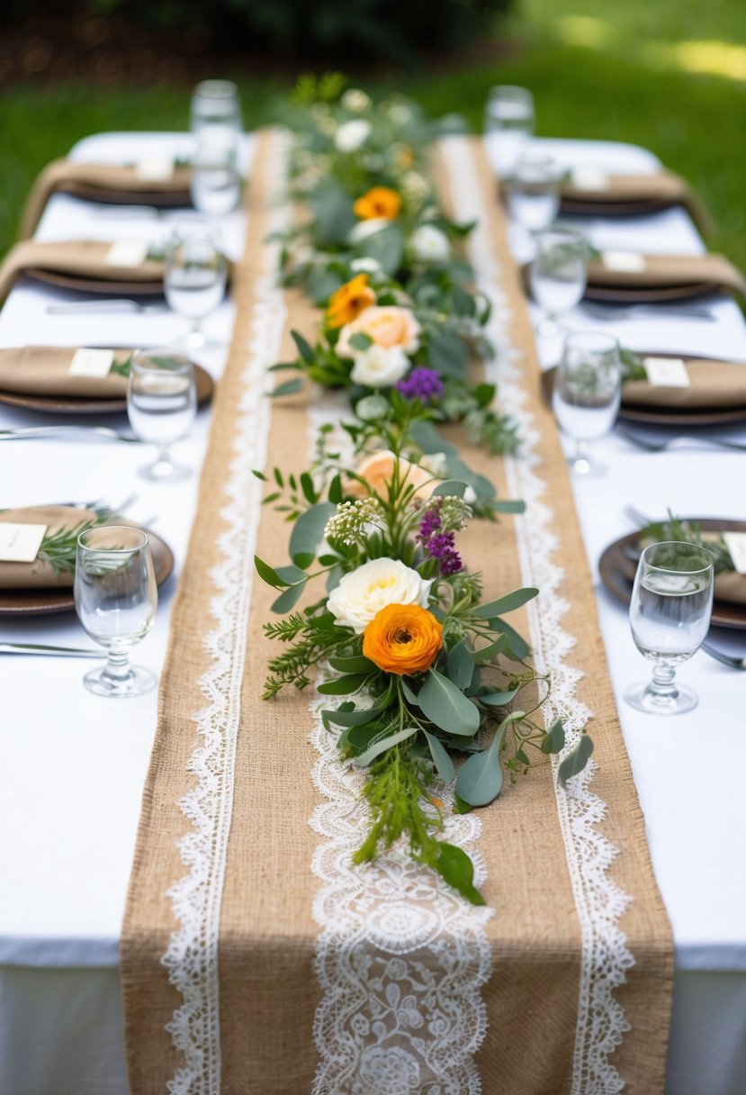 A rustic burlap table runner adorned with delicate lace, interspersed with fresh greenery and vibrant flowers, creating a beautiful wedding table decoration