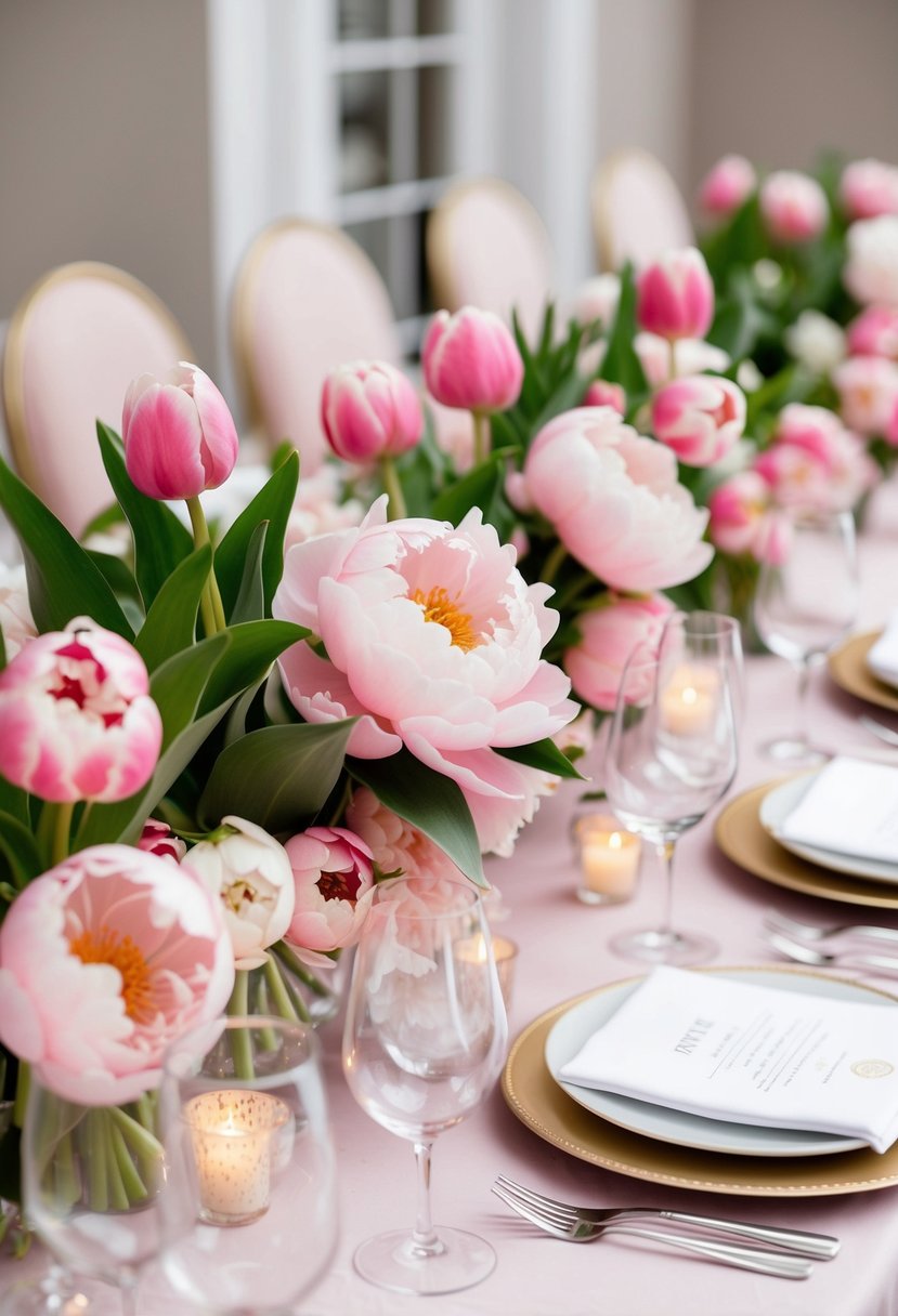 A table adorned with pink peonies and tulips, creating a romantic and elegant spring wedding centerpiece