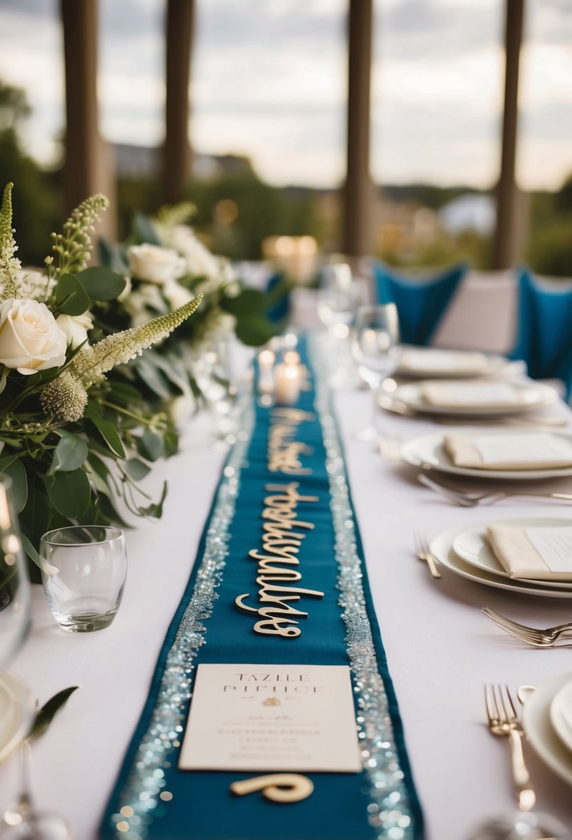 A table runner with personalized elements adorns a wedding table, adding a unique and elegant touch to the decoration