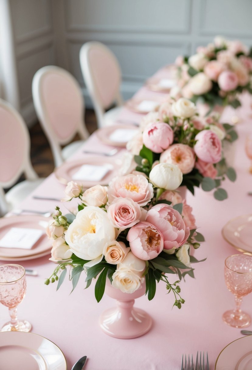 Blush and cream floral centerpieces adorn a pink wedding table, with delicate roses and peonies creating an elegant and romantic atmosphere