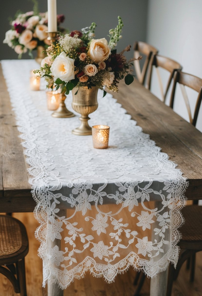 A lace table runner drapes elegantly over a rustic wooden table, adorned with vintage floral centerpieces and candle holders, creating a romantic atmosphere