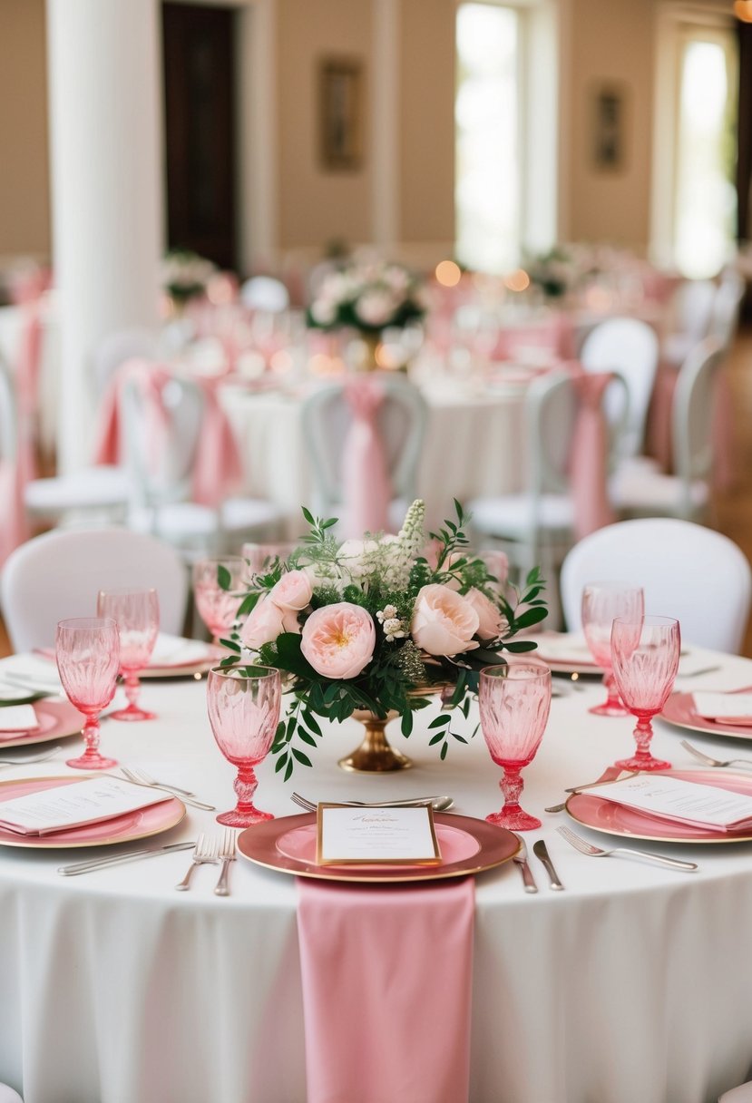 A table set with pink glassware, elegant and classy, for a wedding reception